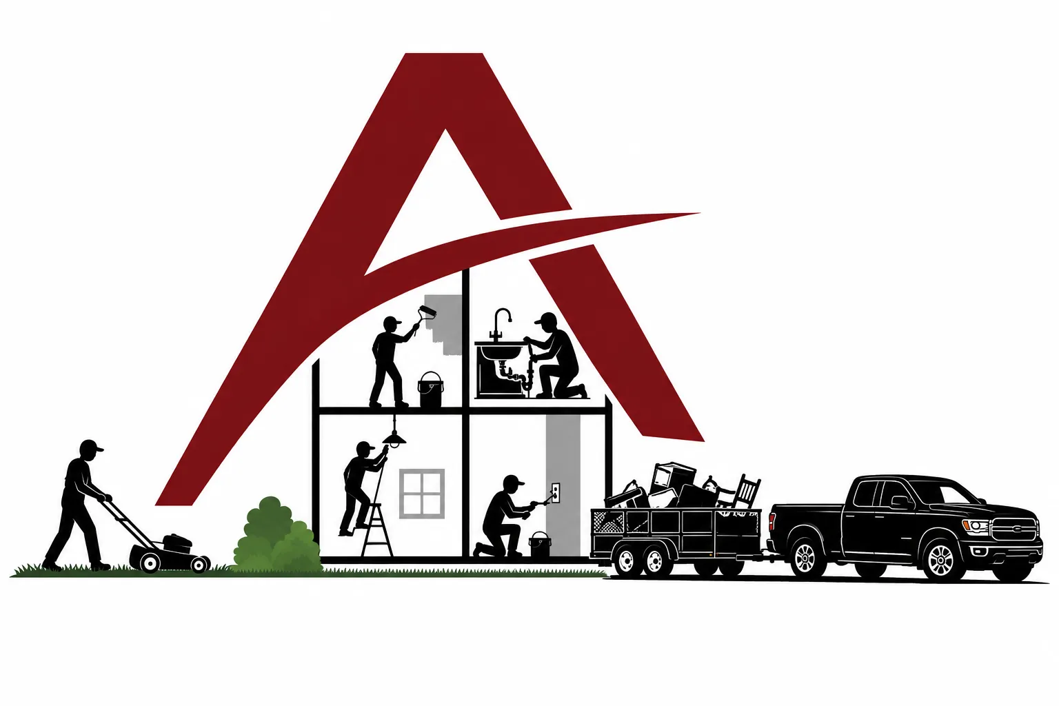Allen's Pro Services crew mowing, painting, plumbing, and hauling junk beneath a rooftop formed by the Allen's Pro Services "A" logo