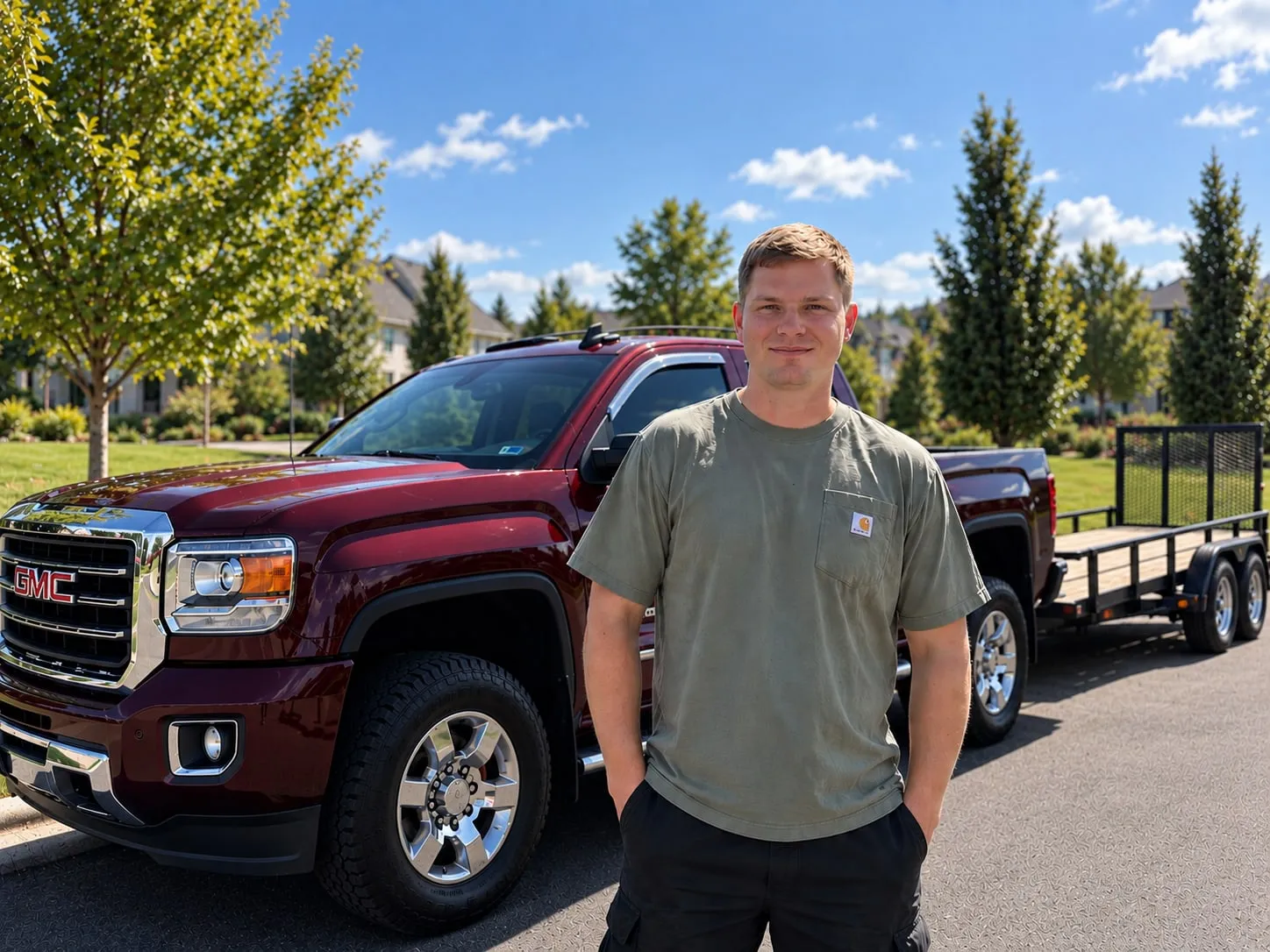 Ray Allen, owner of Allen's Pro Services, standing in front of his work truck and trailer